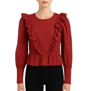 Robert Rodriguez Size 2 Red Top RTR Embroidered Eyelets Ruffles Long Cuff BOHO